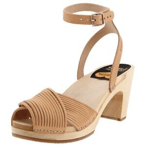 Swedish Hasbeens Toffel Women Strappy Ankle-Strap Sandal Tan Learher Sz 39 /US 8